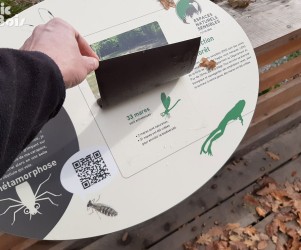 Signalétique touristique - Mobilier interactif - Bâche sur la mare - Fabrication PIC BOIS