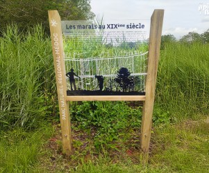 Signalétique touristique - Parcours sensoriel - Vitrophanie du marais - Fabrication PIC BOIS