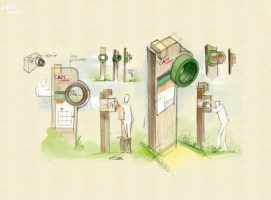 Dessins d'un totem avec fenêtre d'observation, intégration de la charte graphique CAPI